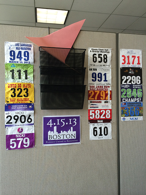 Nicki’s race numbers decorate her cube.
