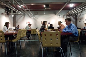 students studying in Parnassus Cafe; Art Building.