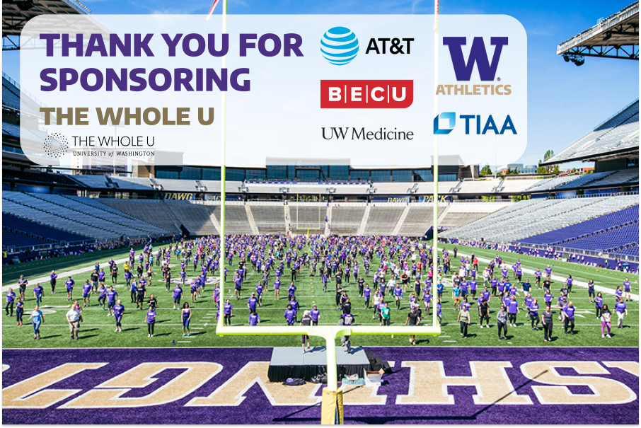 UW Fitness Day participants spread across Husky Field, logo that says 'Thank you for sponsoring The Whole U' alongside AT&T, BECU, UW Medicine, TIAA, UW Athletics logos.