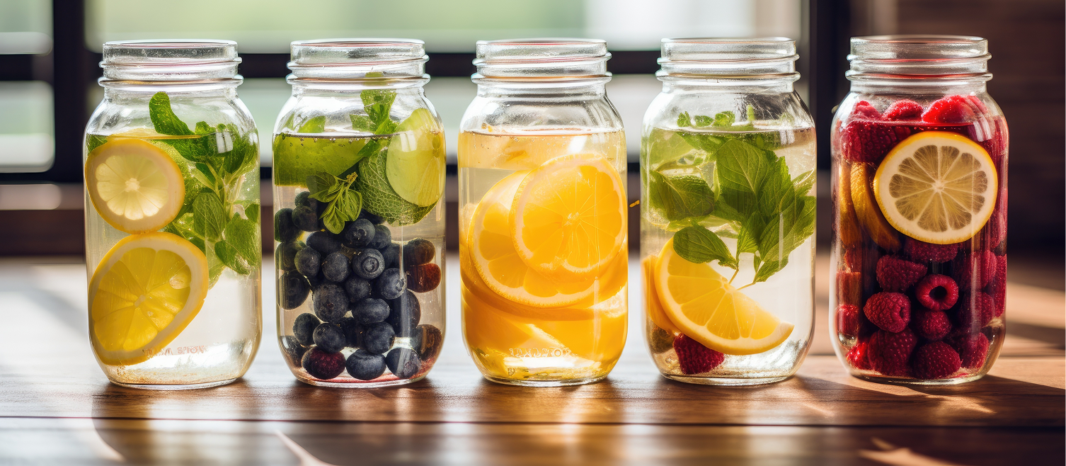 water in jars with citrus and fruit