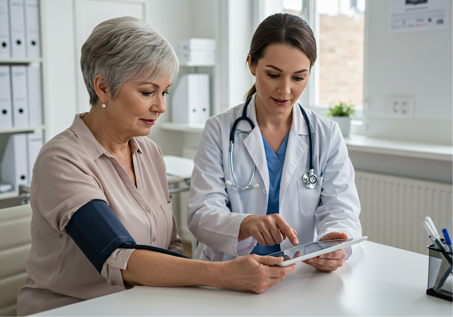 woman with female doctor checking blood pressure in appointment